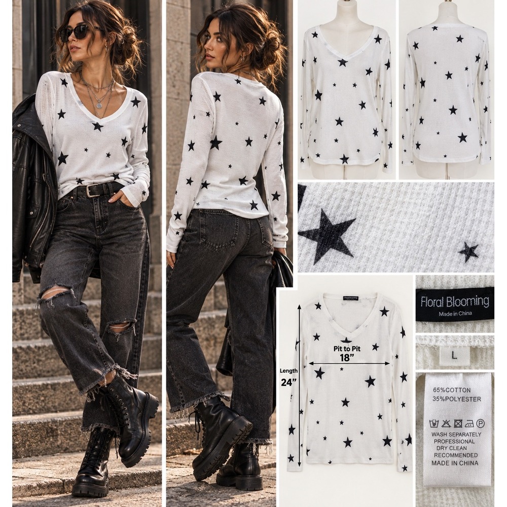 Floral Blooming L Star Thermal Top White Black Y2K Indie Sleaze Grunge Celestial